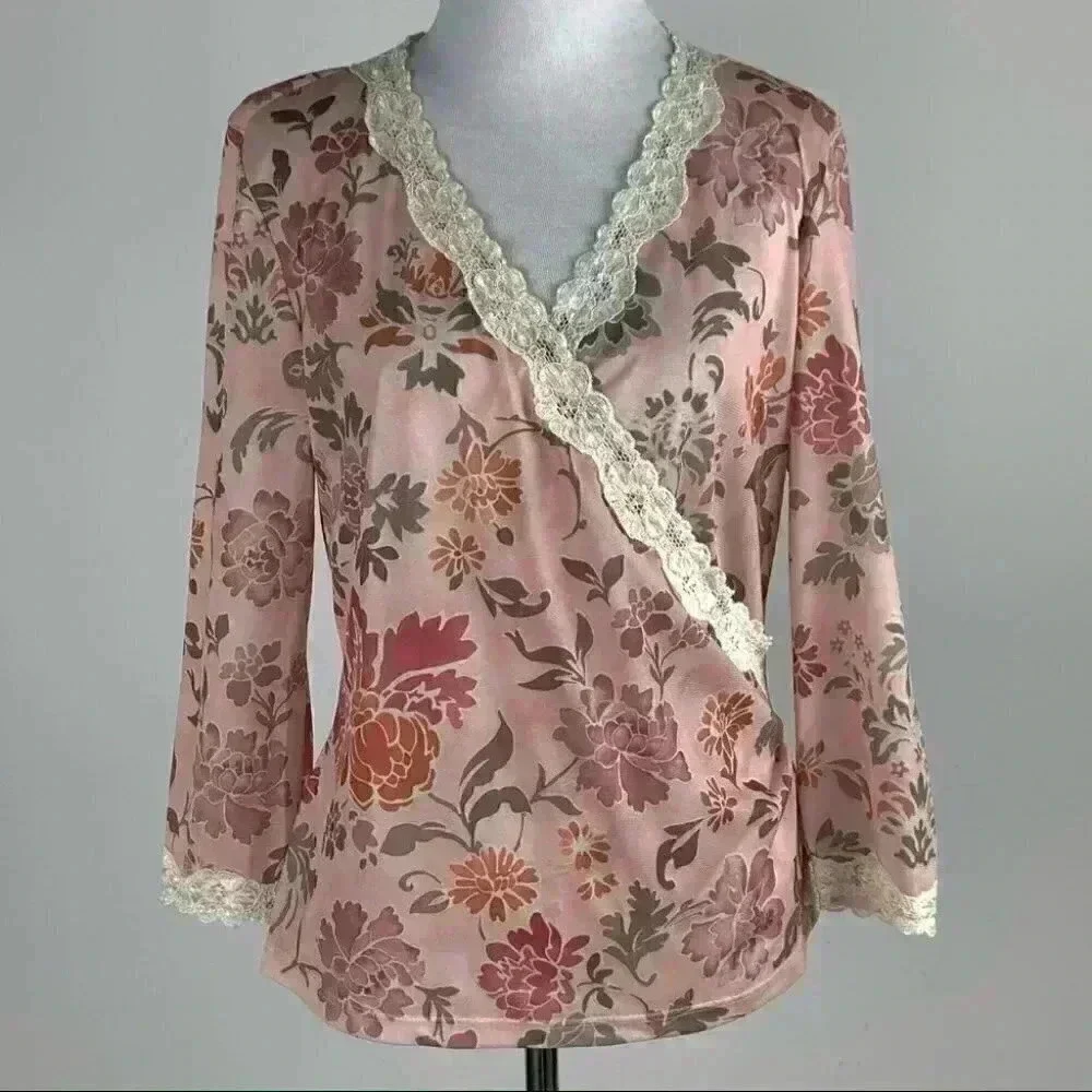 Nine West top sz large multicolored floral faux wrap 3/4 sleeve 90s Y2k vintage
